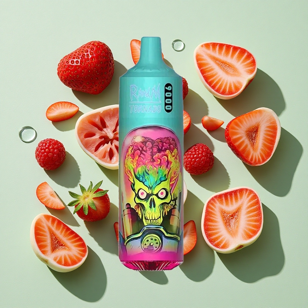 RandM Fumot Tornado 9000 Puffs Jordbær Bringebær engros Norge med 18 mL e-væske og Mesh Coil