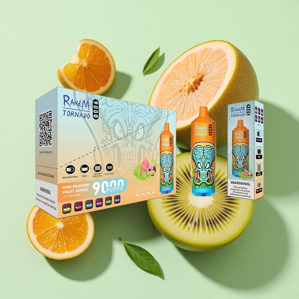 RandM Fumot Tornado 9000 Puffs Kiwi Pasjonsfrukt Guava 18 mL engros Norge Mesh Coil