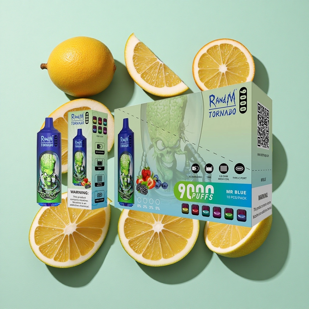 RandM Fumot Tornado 9000 Puffs Mr Blå engros Norge Med 54 Smaker & RGB-skjerm