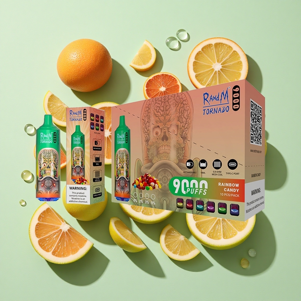 RandM Fumot Tornado 9000 Puffs Regnbue Godteri engros Norge 18 mL Mesh Coil