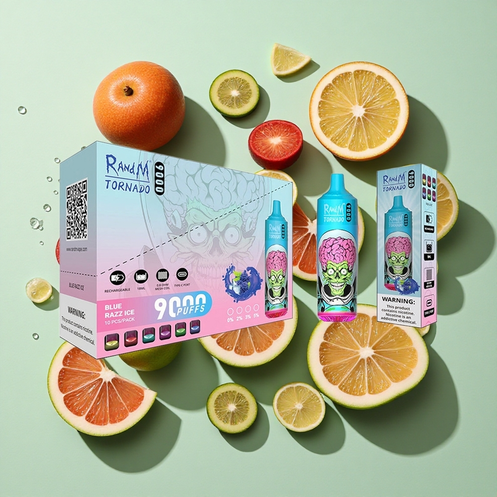 RandM Fumot Tornado 9000 Puffs Svart Drage Is engros Norge 18 mL MESH