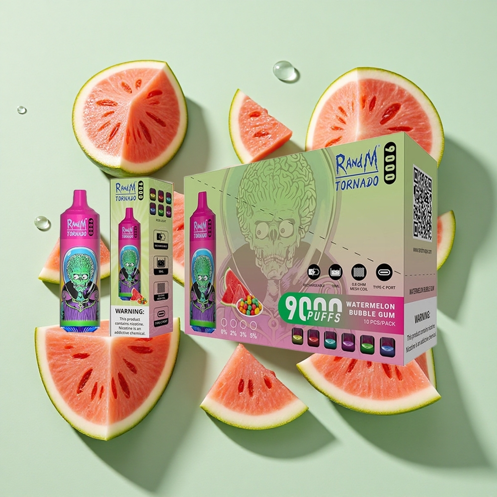 RandM Fumot Tornado 9000 Puffs Vannmelon Tyggegummi 54 Smaker & 18 mL E-væske engros Norge