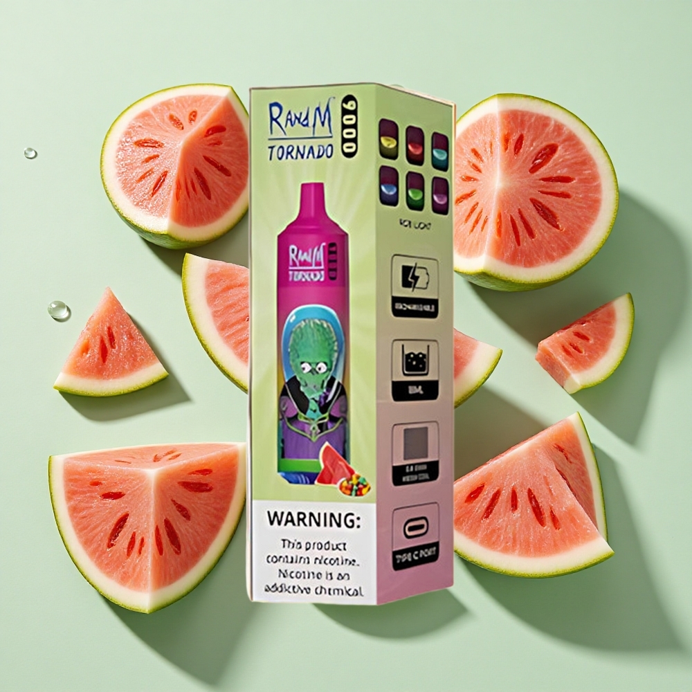 RandM Fumot Tornado 9000 Puffs Vannmelon Tyggegummi 54 Smaker & 18 mL E-væske engros Norge