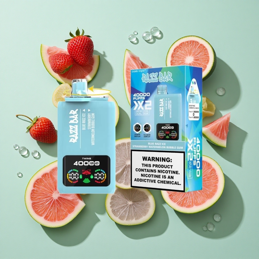 Razz Bar 40000 Puffs Blå Bringebær Is-Jordbær Vannmelon Tyggegummi engros Norge Power Skjermvisning 650 Mah Batteri