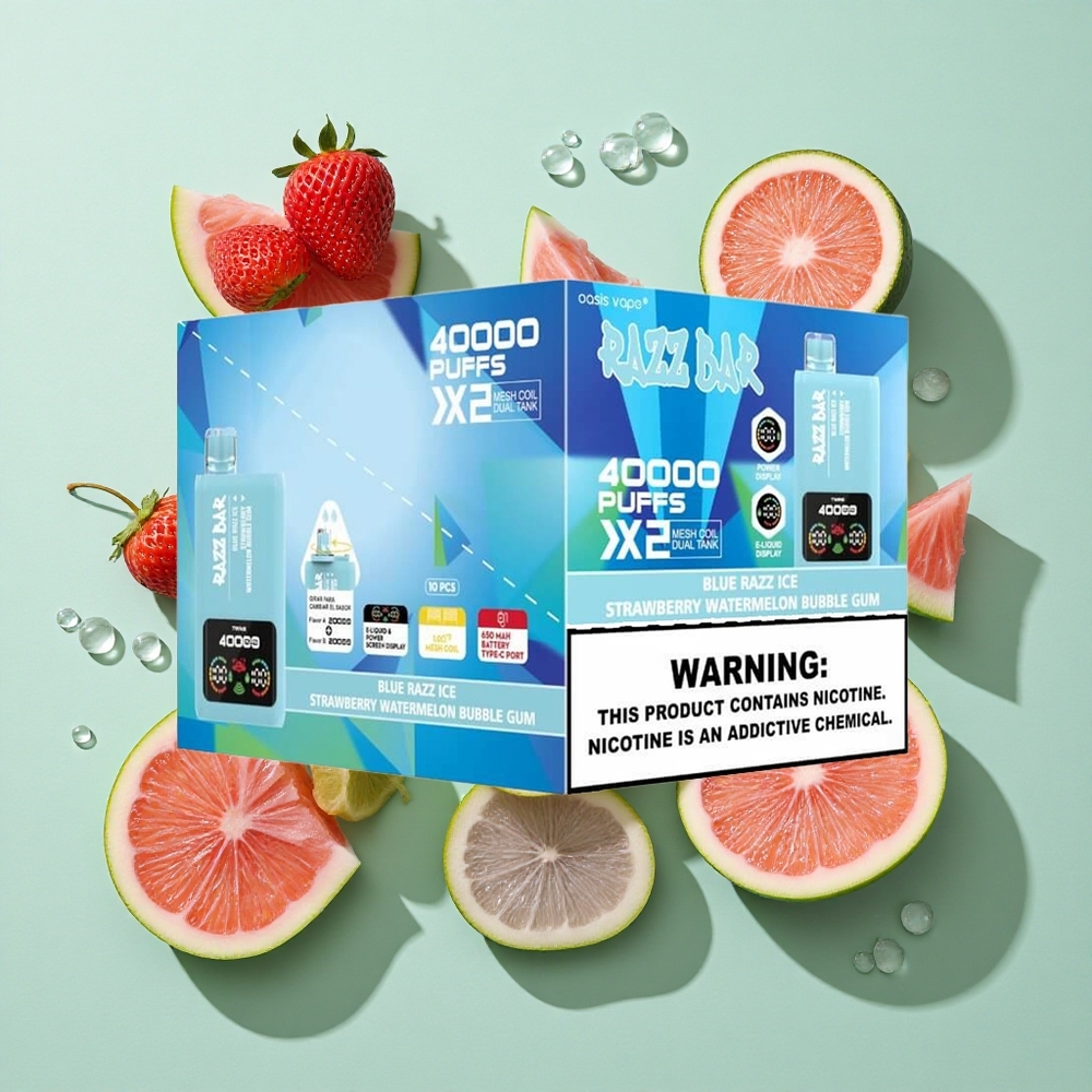 Razz Bar 40000 Puffs Blå Bringebær Is-Jordbær Vannmelon Tyggegummi engros Norge Power Skjermvisning 650 Mah Batteri