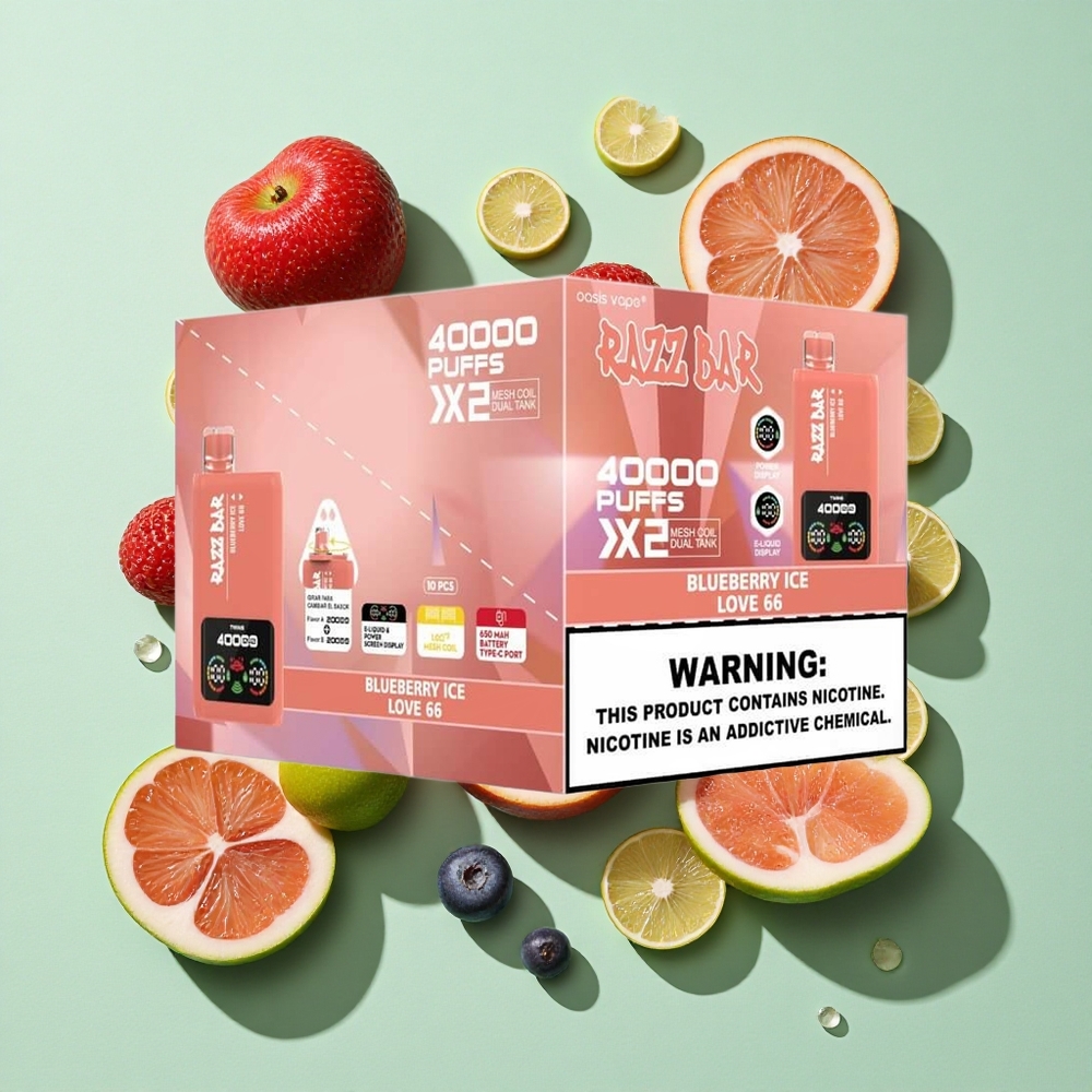 Razz Bar 40000 Puffs Blåbær Is_Love 66 Engangs Vape Skjermdisplay 1.0 Ohm 2 Mesh Coil engros Norge