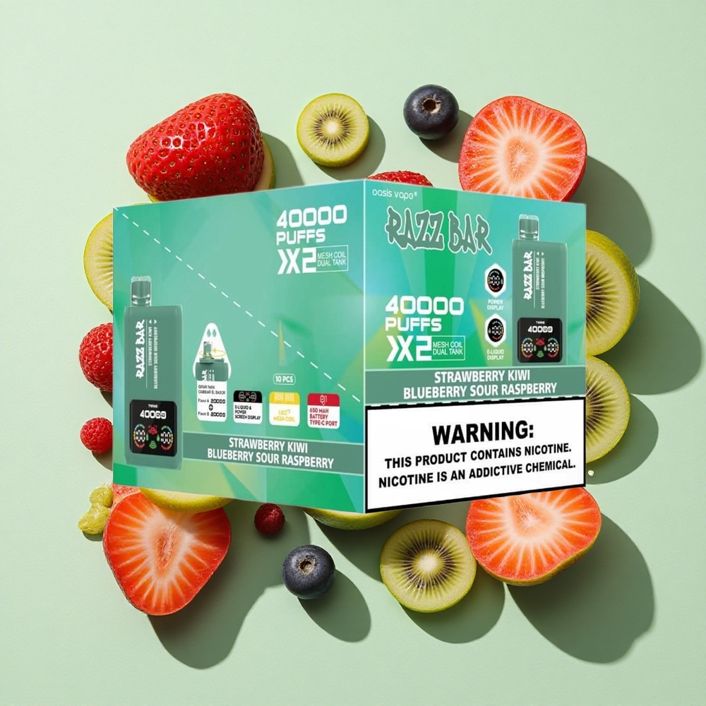 Razz Bar 40000 Puffs Jordbær Kiwi_Blåbær Sur Bringebær Engangs Vape Skjermvisning engros Norge