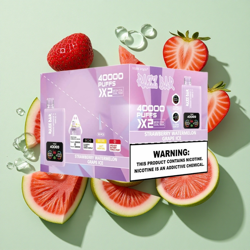 Razz Bar 40000 Puffs Jordbær_Vannmelon_Druer Is Engangs Vape Skjermvisning Type-C Port engros Norge