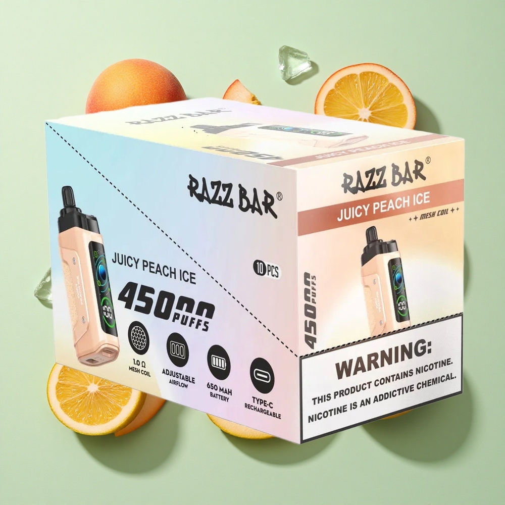 Razz Bar 45000 Puffs Engangs Vape Juicy Peach Ice Justert Luftstrøm engros Norge Type-C Lading