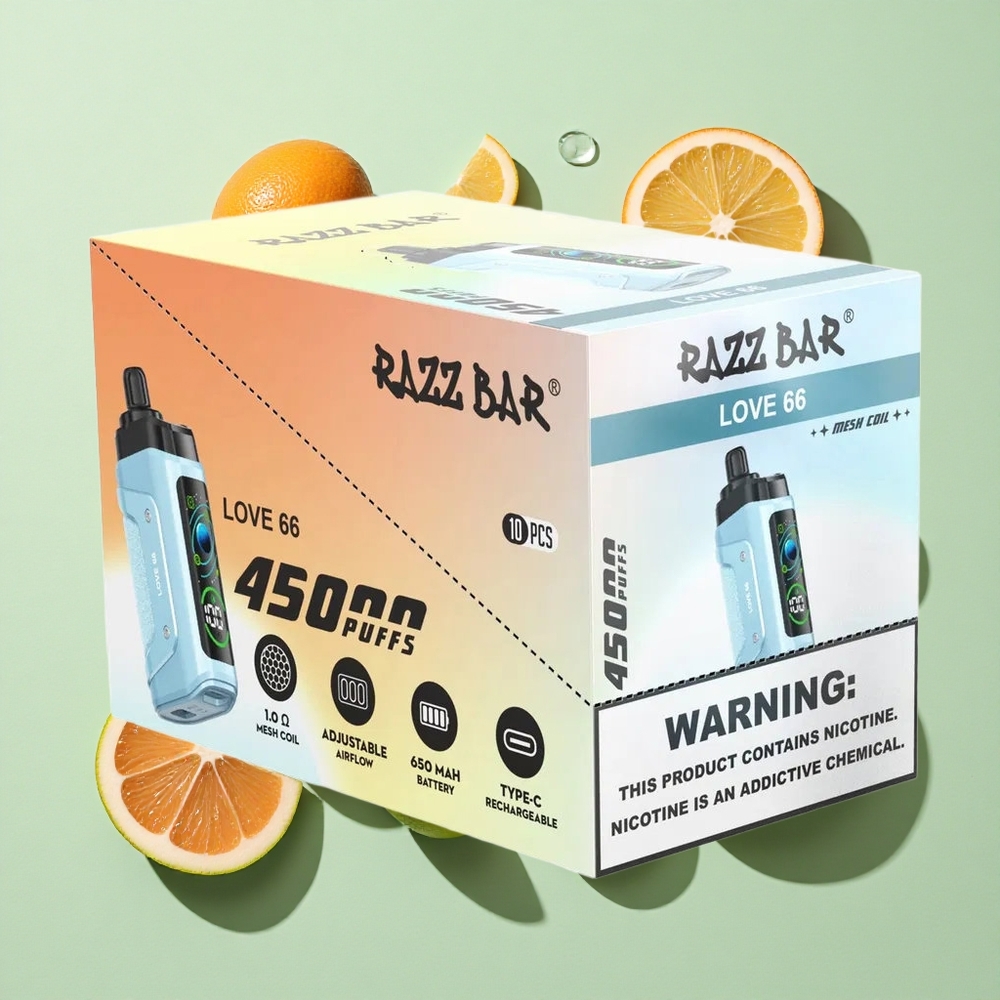 Razz Bar 45000 Puffs Engangs Vape Kjærlighet 66 1.0 Ohm Mesh Coil 20 mg/ml Nicotin Styrke engros Norge