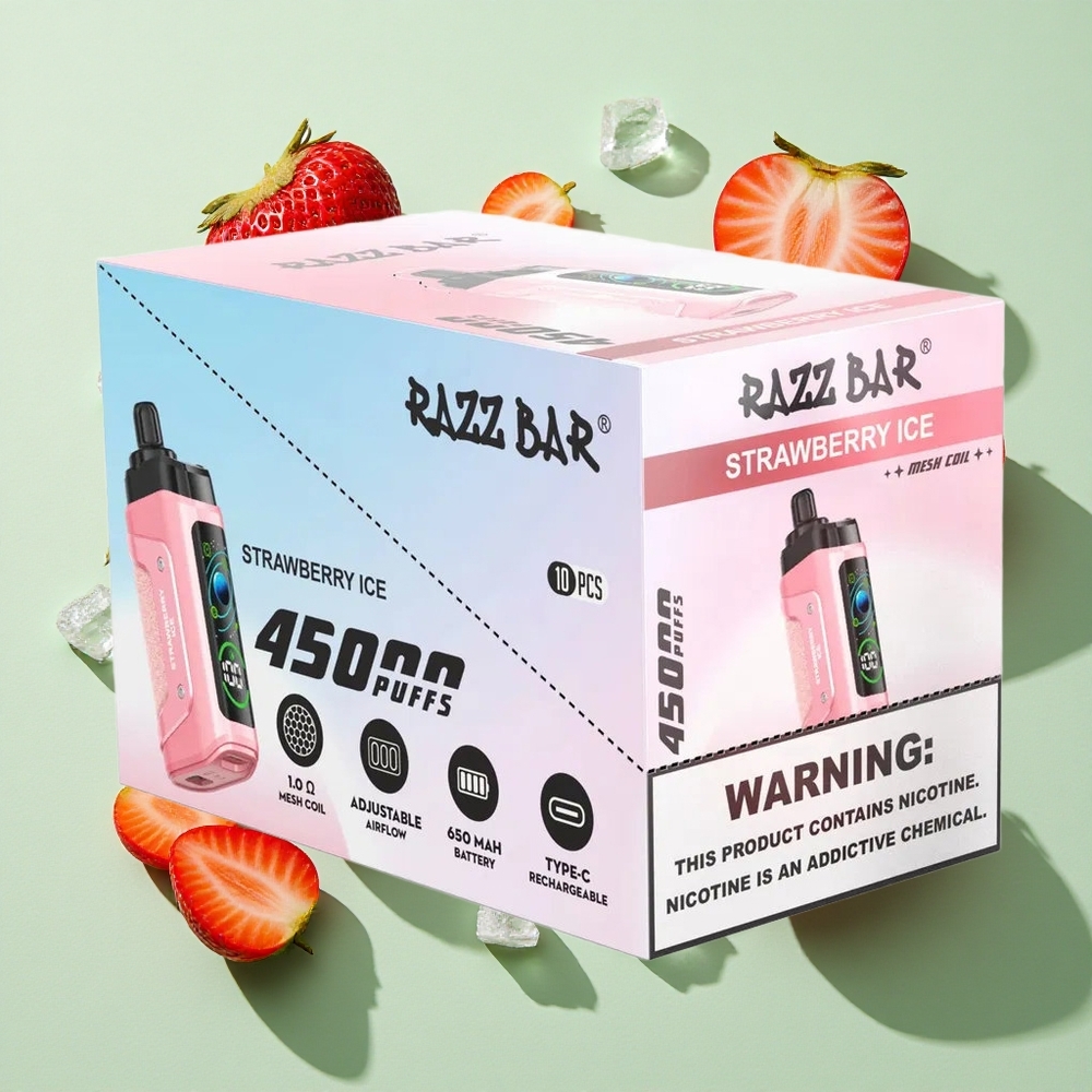 Razz Bar 45000 Puffs Jordbær Is Engangs Vape engros Norge Justerbar Luftstrøm 1.0 Ohm Mesh Coil