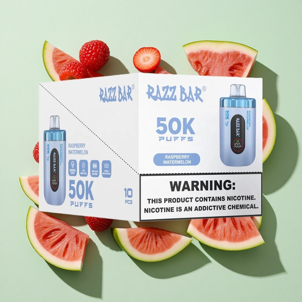 Razz Bar 50K Puffs Bringebær Vannmelon Engangs Vape engros Norge 650 Mah Batteri Type-C Lading