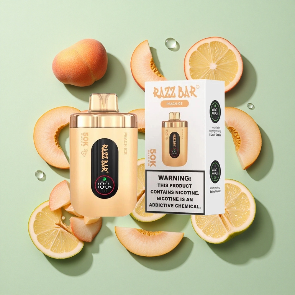 Razz Bar 50K Puffs Engangs Vape Fersken Is engros Norge 1.0 Ohm Mesh Coil 650 Mah Batteri