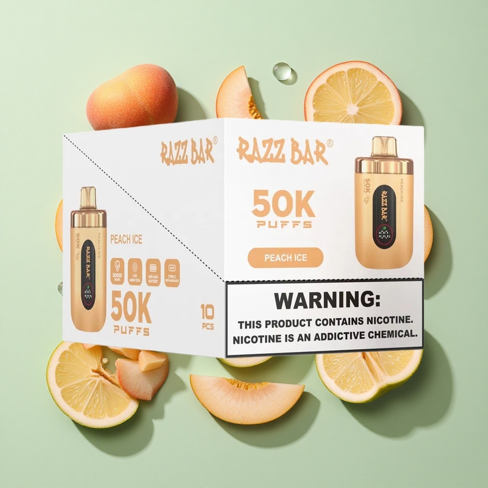 Razz Bar 50K Puffs Engangs Vape Fersken Is engros Norge 1.0 Ohm Mesh Coil 650 Mah Batteri