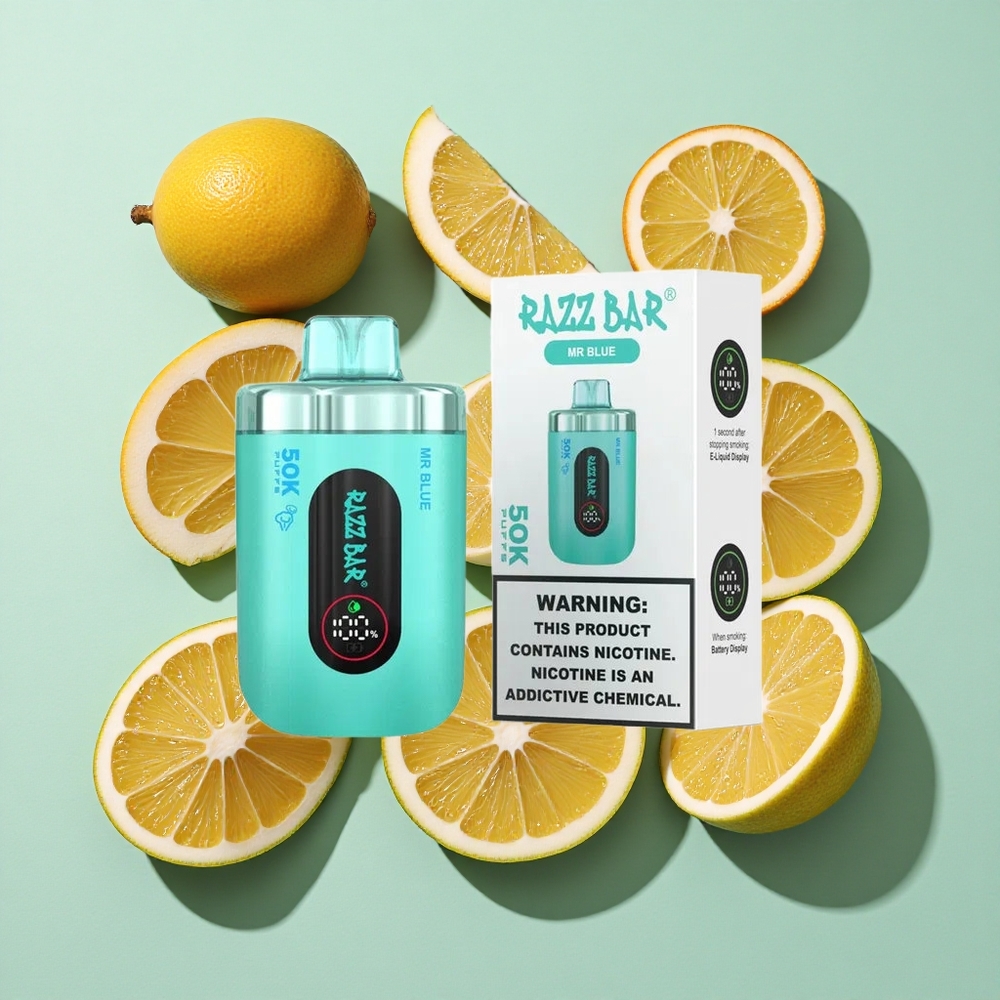 Razz Bar 50K Puffs Engangs Vape Mr Blå engros Norge 1.0 Ohm Mesh Coil 650 Mah Batteri