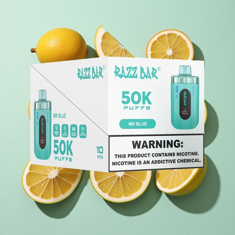 Razz Bar 50K Puffs Engangs Vape Mr Blå engros Norge 1.0 Ohm Mesh Coil 650 Mah Batteri
