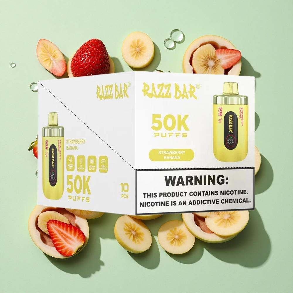 Razz Bar 50K Puffs Jordbær Banan Engros Norge 1.0 Ohm Mesh Coil Type-C
