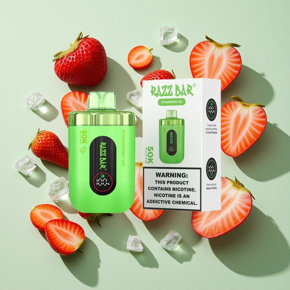 Razz Bar 50K Puffs Jordbær Is Engangs Vape 50000 Puffs Type-C Oppladbar engros Norge