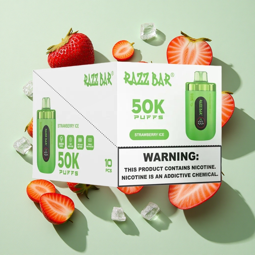 Razz Bar 50K Puffs Jordbær Is Engangs Vape 50000 Puffs Type-C Oppladbar engros Norge