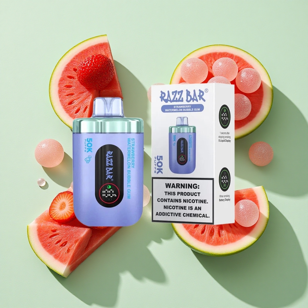 Razz Bar 50K Puffs Jordbær Vannmelon Bubble Gum Engangs Vape 50000 Puffs Type-C Ladbar engros Norge