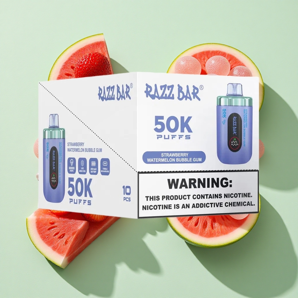 Razz Bar 50K Puffs Jordbær Vannmelon Bubble Gum Engangs Vape 50000 Puffs Type-C Ladbar engros Norge