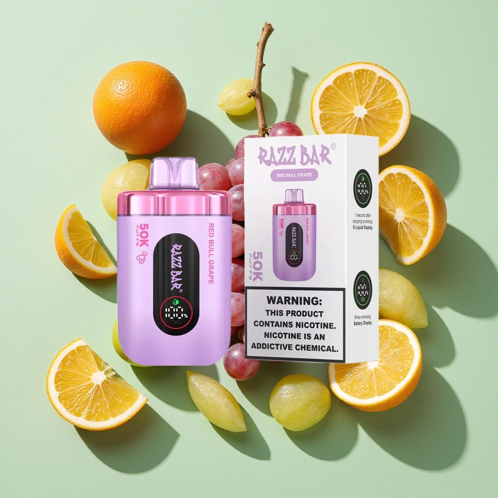 Razz Bar 50K Puffs Red Bull Drue & Bringebær Engangs Vape 1.0 Ohm Mesh Coil engros Norge