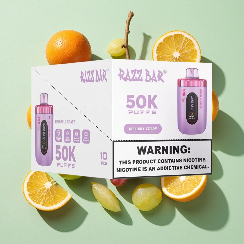 Razz Bar 50K Puffs Red Bull Drue & Bringebær Engangs Vape 1.0 Ohm Mesh Coil engros Norge