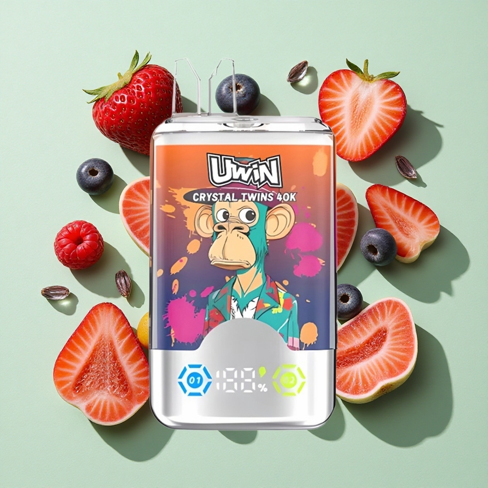 UWIN Crystal Twins 40000 Puffs Jordbær Bringebær Kirsebær Mr Blå engros Norge 32ml To smaker