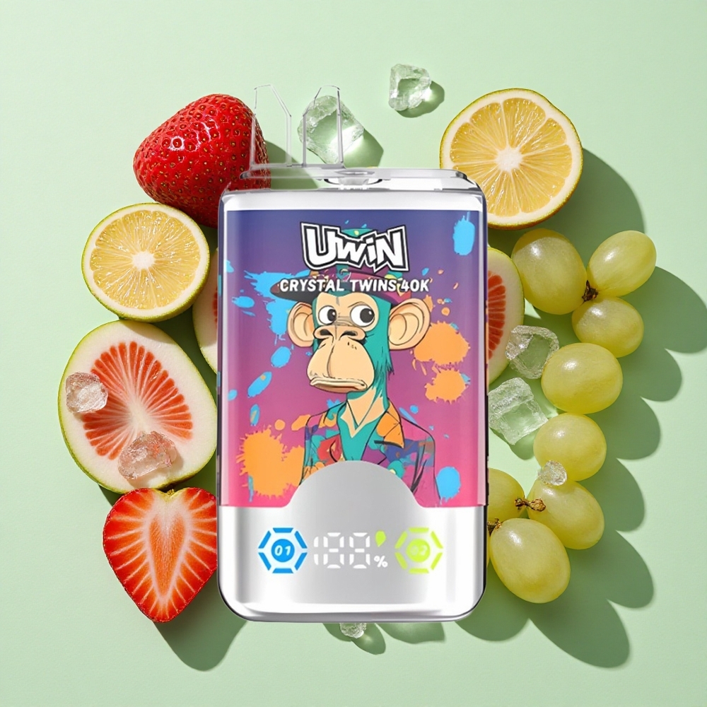 UWIN Crystal Twins 40000 Puffs Jordbær Kiwi Isdrue Flersmakssystem engros Norge Type-C 32ml