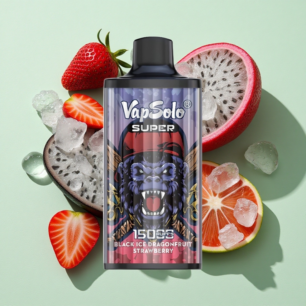 Vapsolo Super 15000 Puffs Svart Is Dragefrukt Jordbær engros Norge 40ml 850mAh