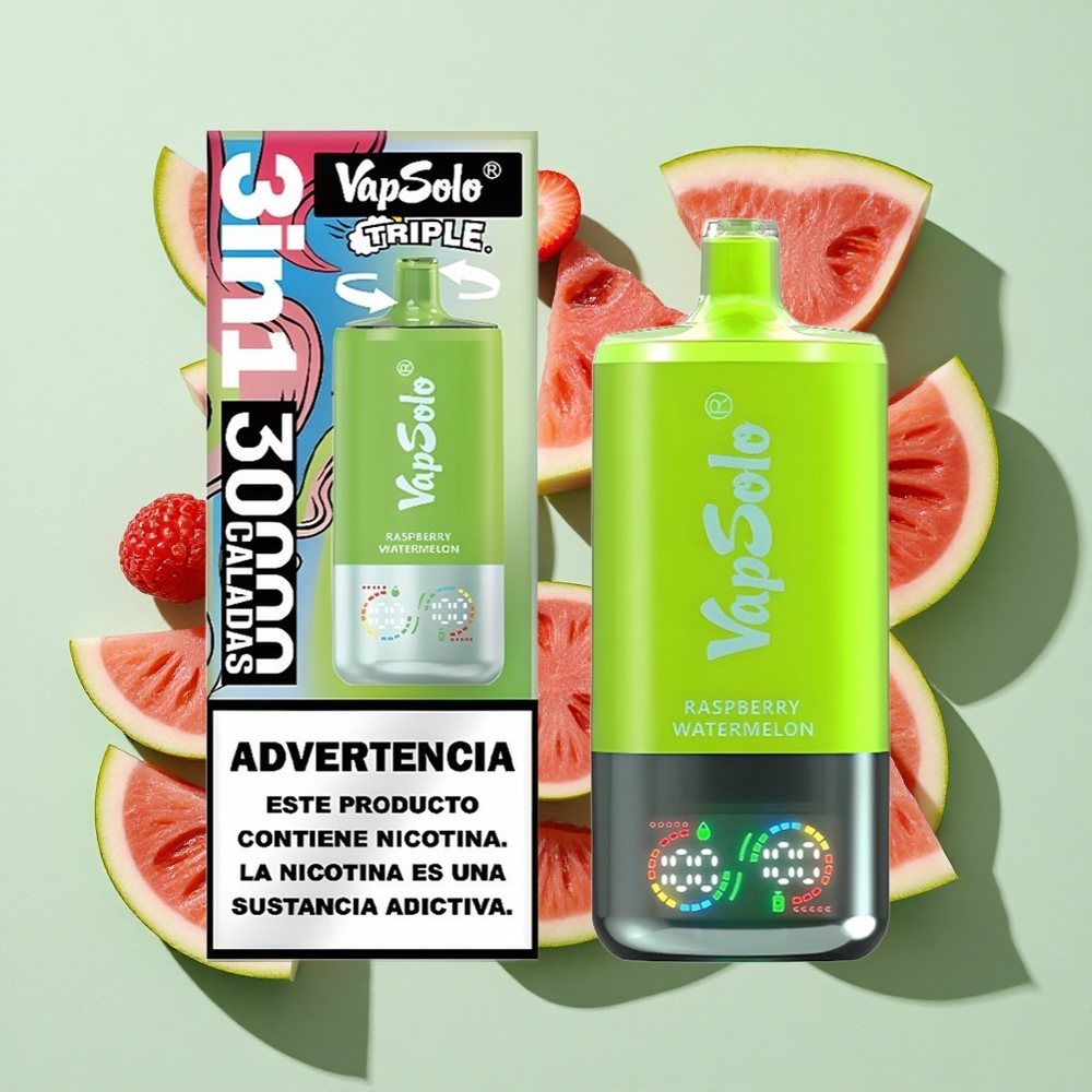 VapSolo Triple 30000 Puffs Bringebær Vannmelon 40ml engros Norge Type-C