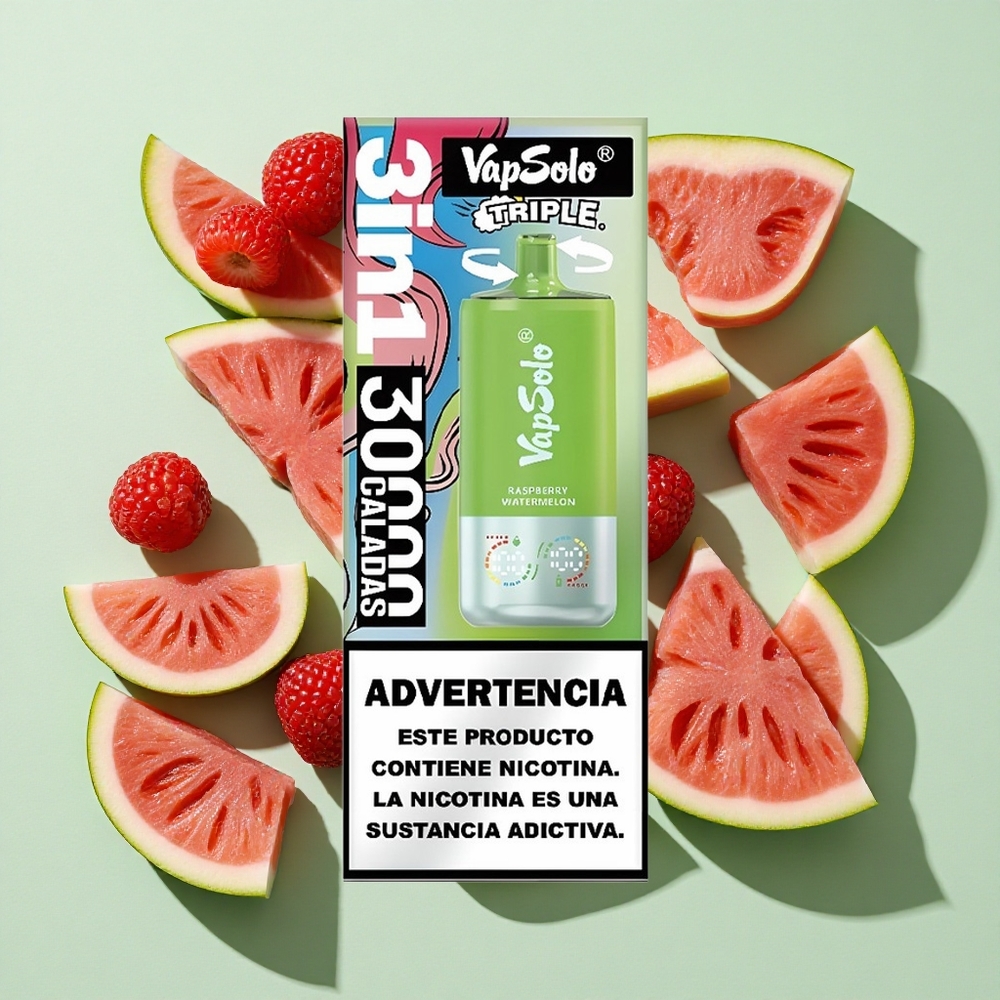 VapSolo Triple 30000 Puffs Bringebær Vannmelon 40ml engros Norge Type-C