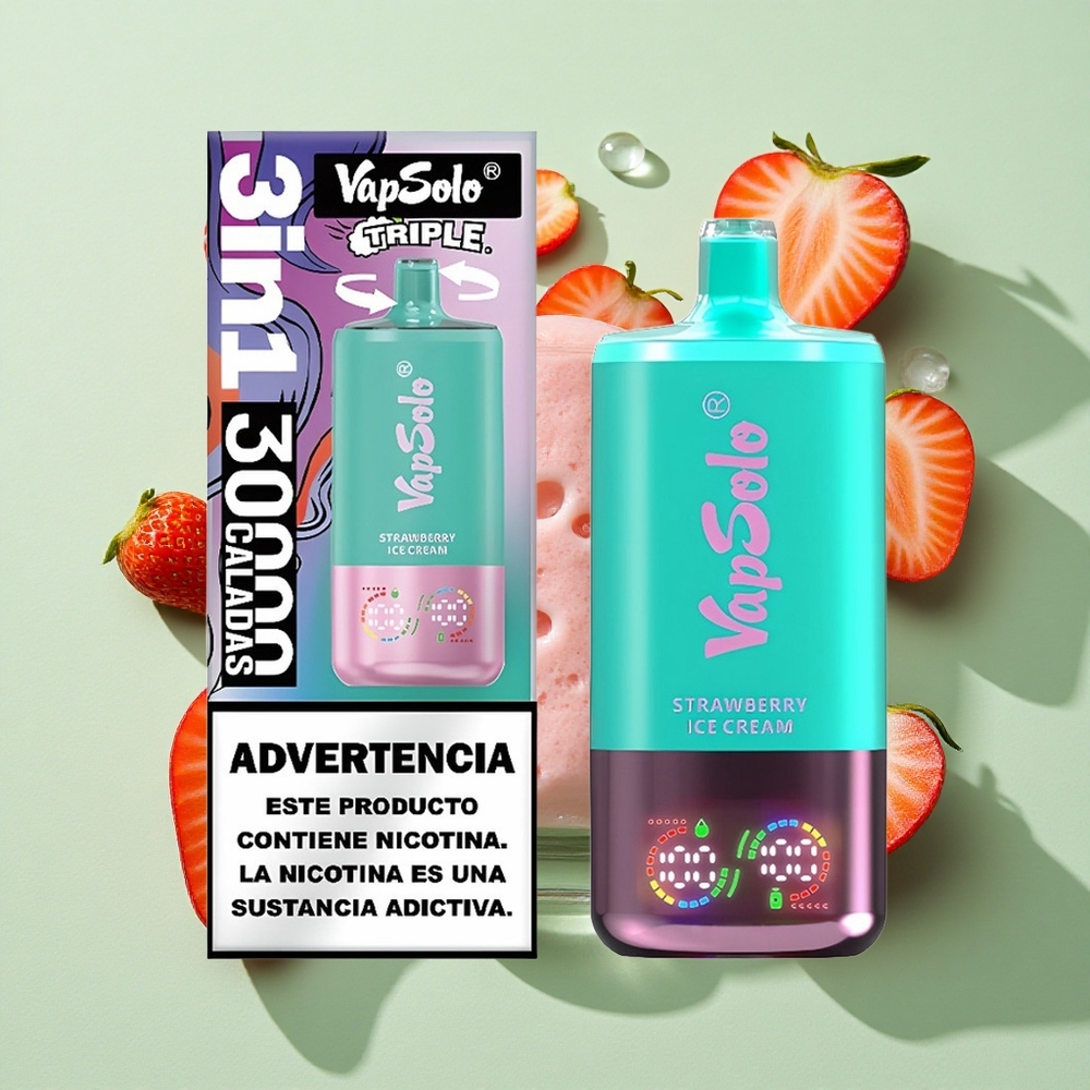 VapSolo Triple 30000 Puffs Jordbær Iskrem 40ml engros Norge Type-C