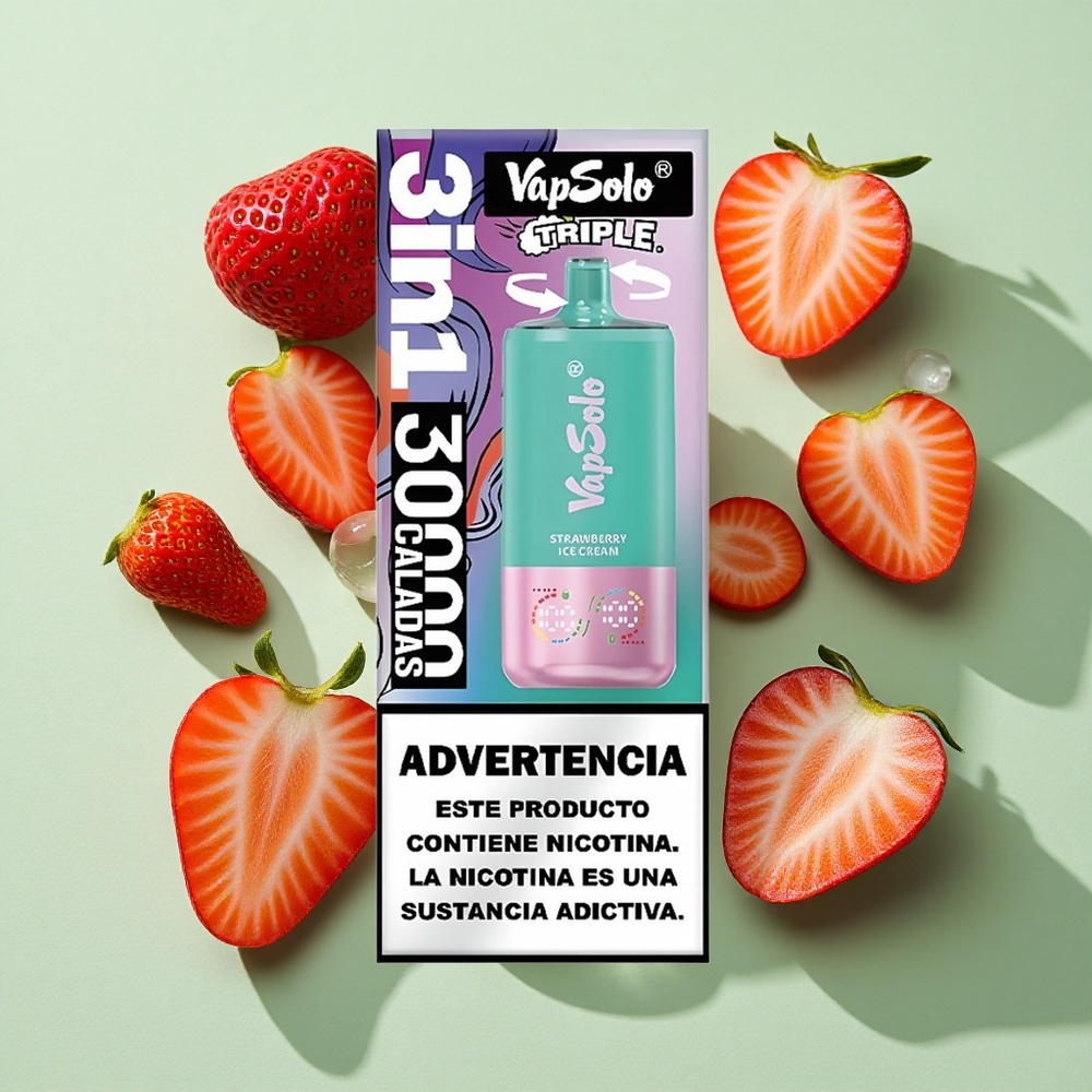 VapSolo Triple 30000 Puffs Jordbær Iskrem 40ml engros Norge Type-C