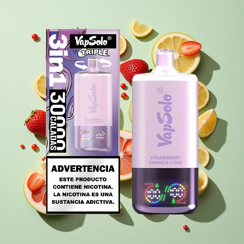 VapSolo Triple 30000 Puffs Jordbær Vanilje Coke 40ml engros Norge Type-C