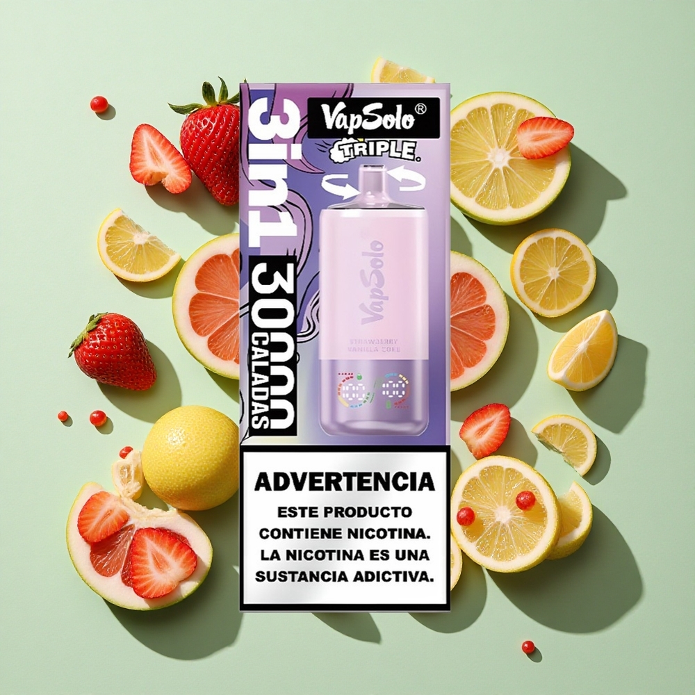 VapSolo Triple 30000 Puffs Jordbær Vanilje Coke 40ml engros Norge Type-C