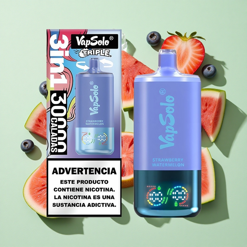 VapSolo Triple 30000 Puffs Jordbær Vannmelon & Blåbær Is engros Norge 40ml Type-C