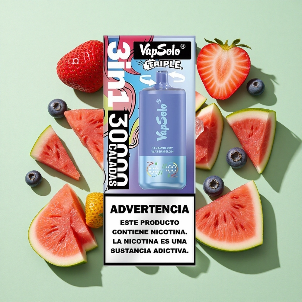 VapSolo Triple 30000 Puffs Jordbær Vannmelon & Blåbær Is engros Norge 40ml Type-C