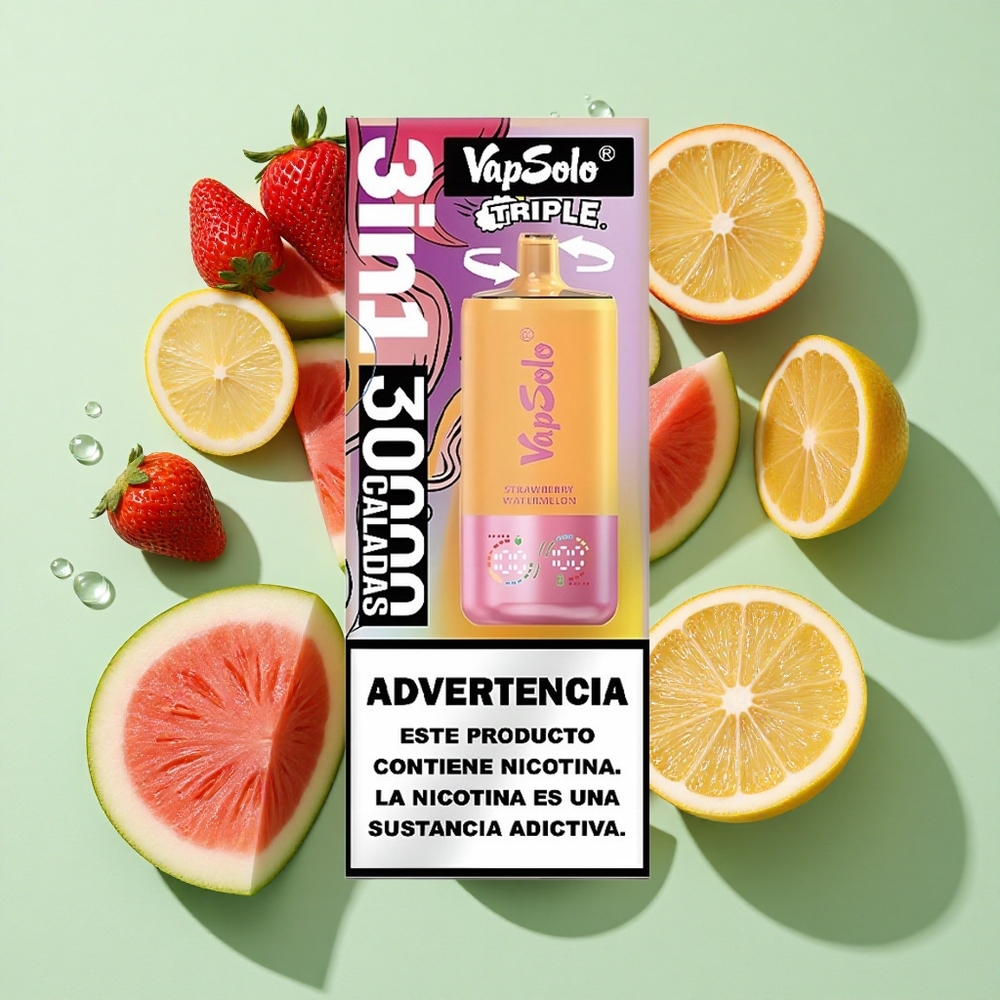 VapSolo Triple 30000 Puffs Jordbær Vannmelon & Sitrus Fersken engros Norge 40ml Type-C