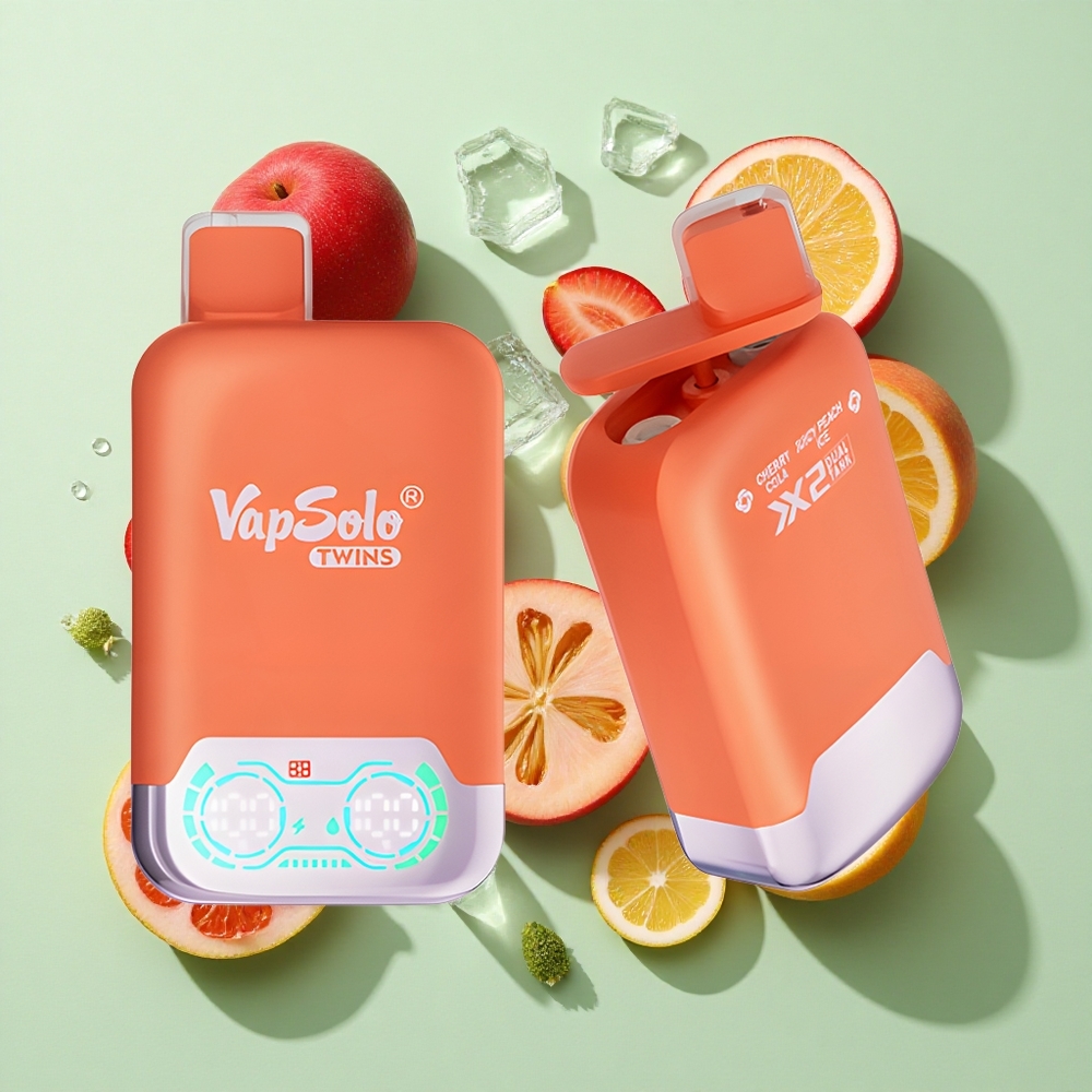 Vapsolo Twins 20000 Puffs Kirsebær Cola & Saftig Fersken Is engros Norge Type-C lading 40 ml
