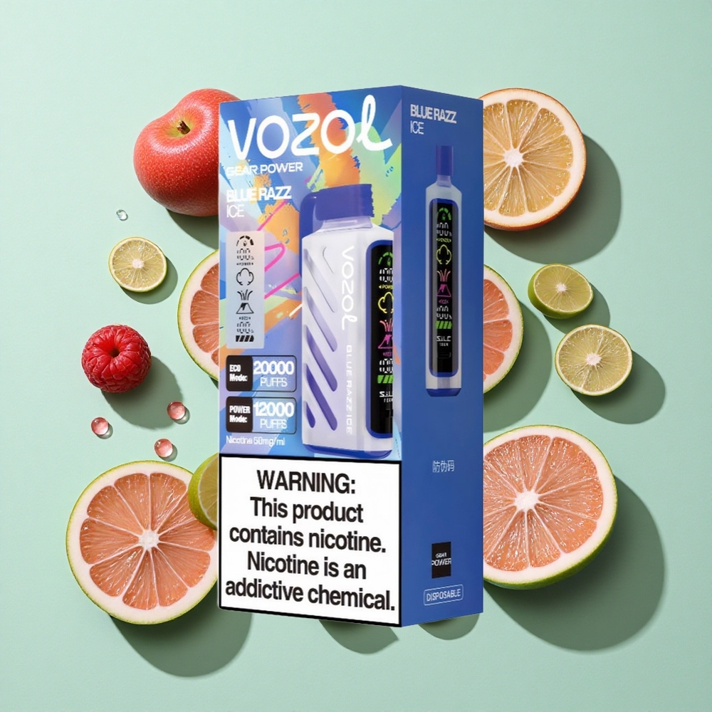 VOZOL Gear Power 20000 Puffs Blå Bringebær Is Engangs Vape med 20mL Fyllt E-Væske og Dual Mesh Coil engros Norge