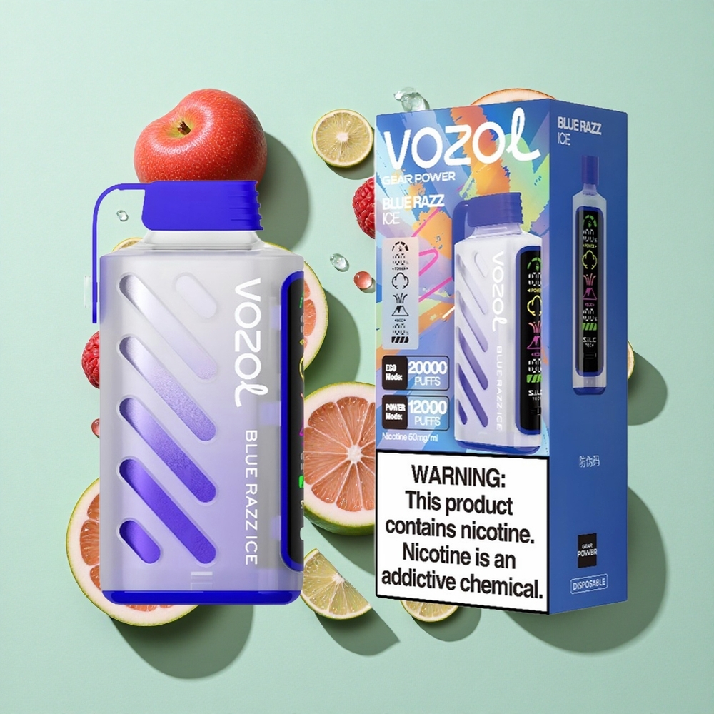VOZOL Gear Power 20000 Puffs Blå Bringebær Is Engangs Vape med 20mL Fyllt E-Væske og Dual Mesh Coil engros Norge