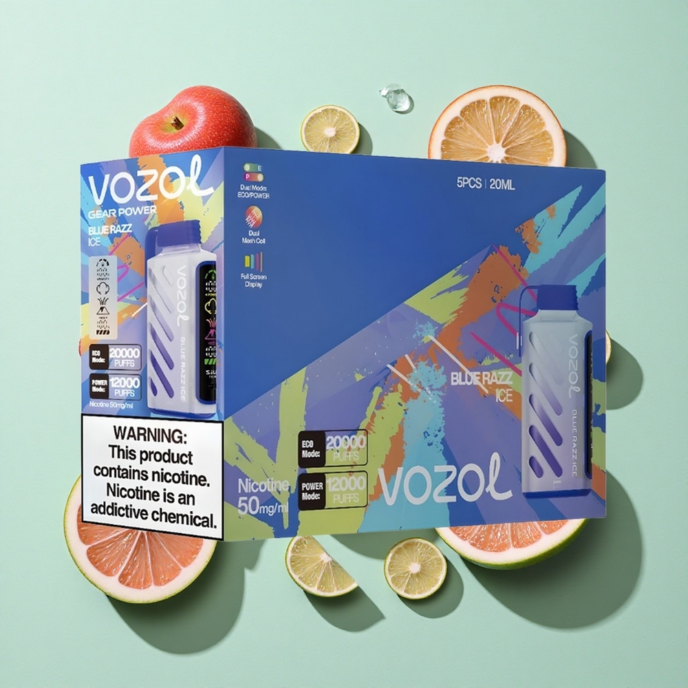 VOZOL Gear Power 20000 Puffs Blå Bringebær Is Engangs Vape med 20mL Fyllt E-Væske og Dual Mesh Coil engros Norge