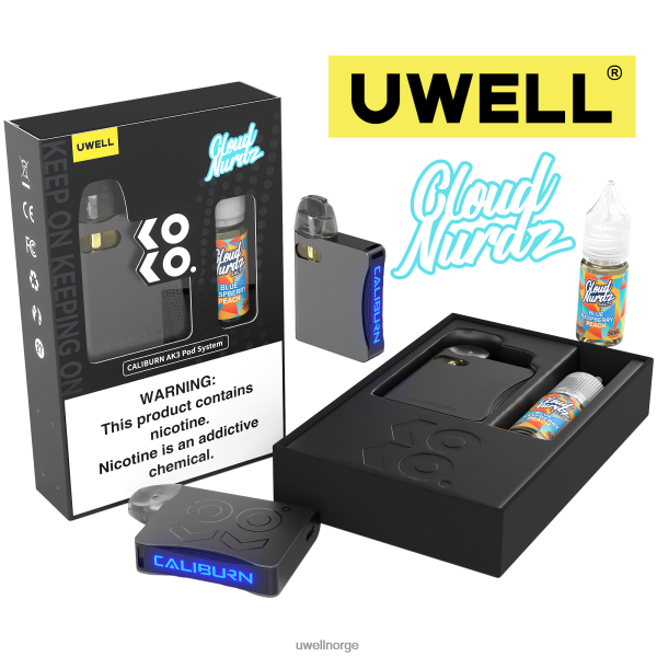 UWELL E Cig - UWELL CALIBURN AK3 sett + a3s 0,8 ohm pods (x2) + pappas damp 10ml salter 50mg D6204Z247 crl: grå/flv: blå bringebærfersken