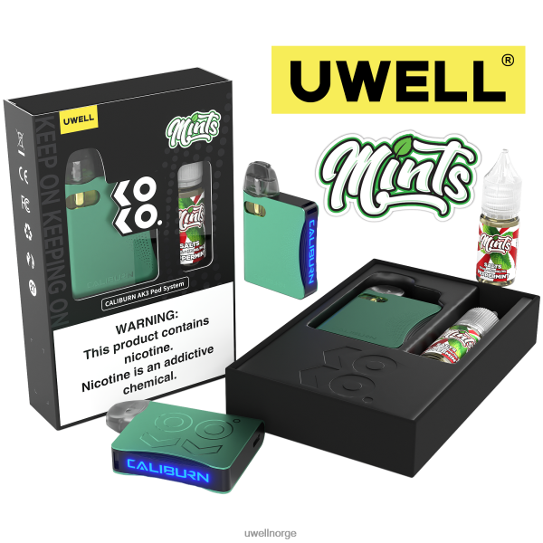 UWELL Oslo - UWELL CALIBURN AK3 sett + a3s 0,8 ohm pods (x2) + pappas damp 10ml salter 50mg D6204Z242 crl: cyan/flv: peppermynte 50mg